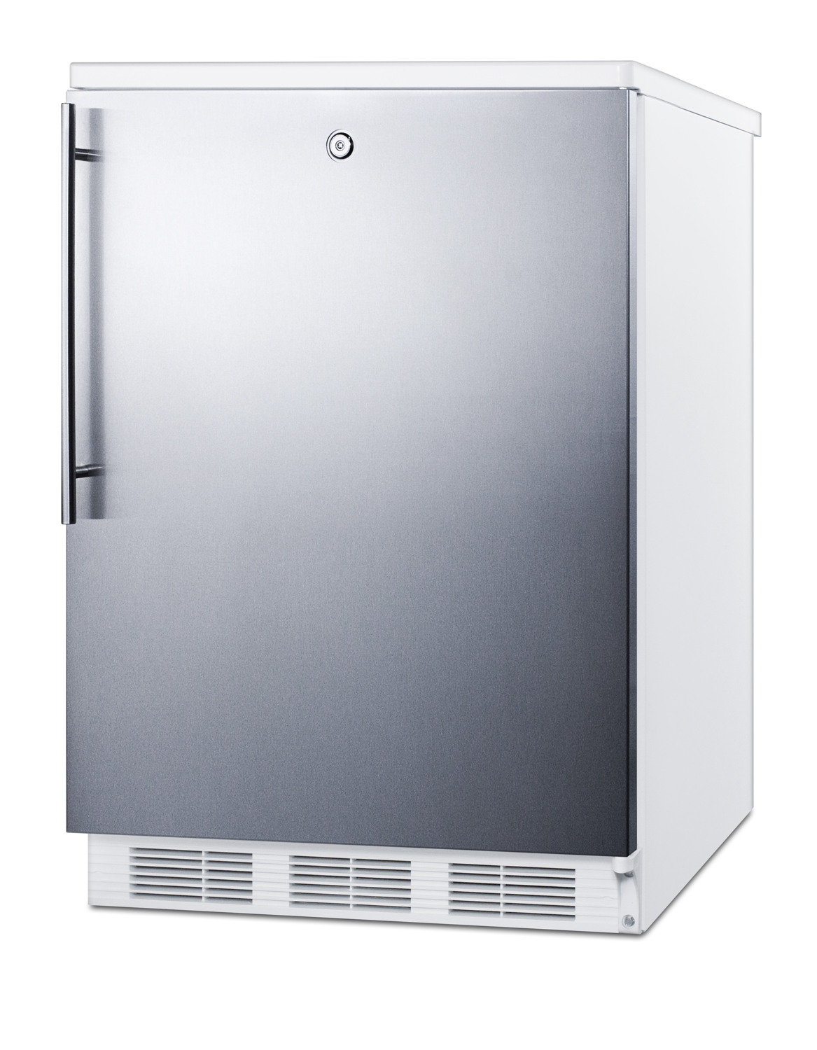 Freestanding ADA compliant refrigerator-freezer for general purpose use, w/dual evaporator cooling, lock, SS door, thin handle, white cabinet
